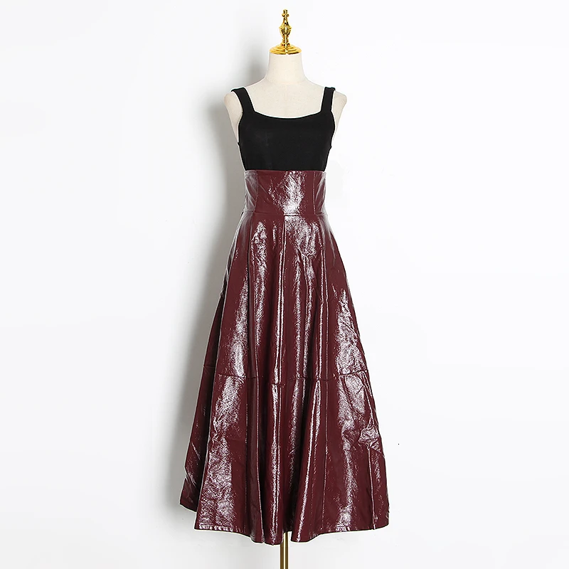 

TWOTWINSTYLE Elegant PU Leather Women's Skirts High Waist Tunic Ruched Hem Maxi Party Skirt For Female Fashion Clothes 2020 Tide