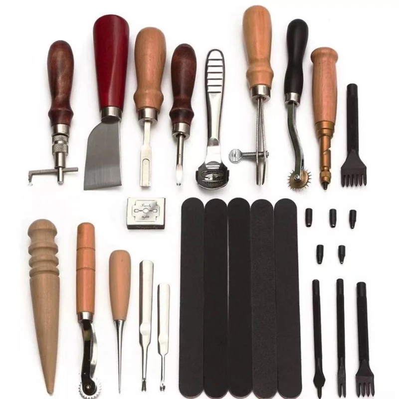 

Professional Leather Craft Tools Kit Hand Sewing Stitching Punch Carving Work Saddle Groover Set Accessories DIY Leather Tools