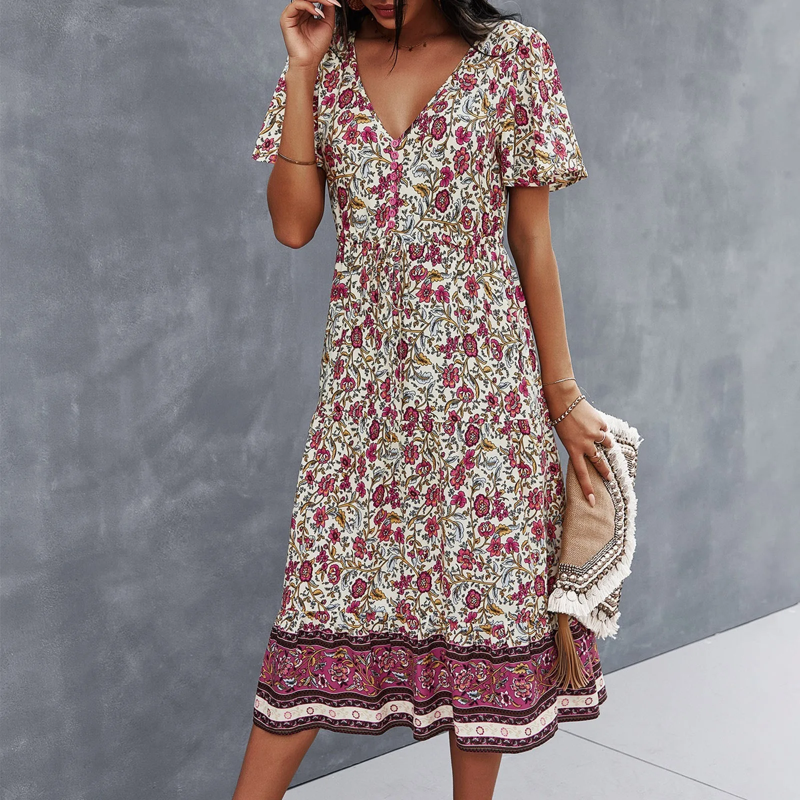 

dresses for women 2021 Casual Loose Floral Rhombic Dress Fashion Beach Style Temperamental vestido de mujer