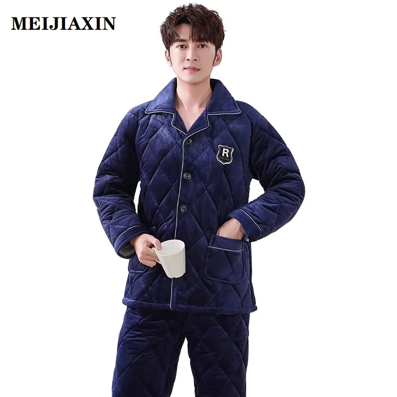 New Winter Thick Warm Men Three Layer Cotton Pajamas Set Long Sleeve Turn-down Collar Loose Soft 3XL Male Homewear