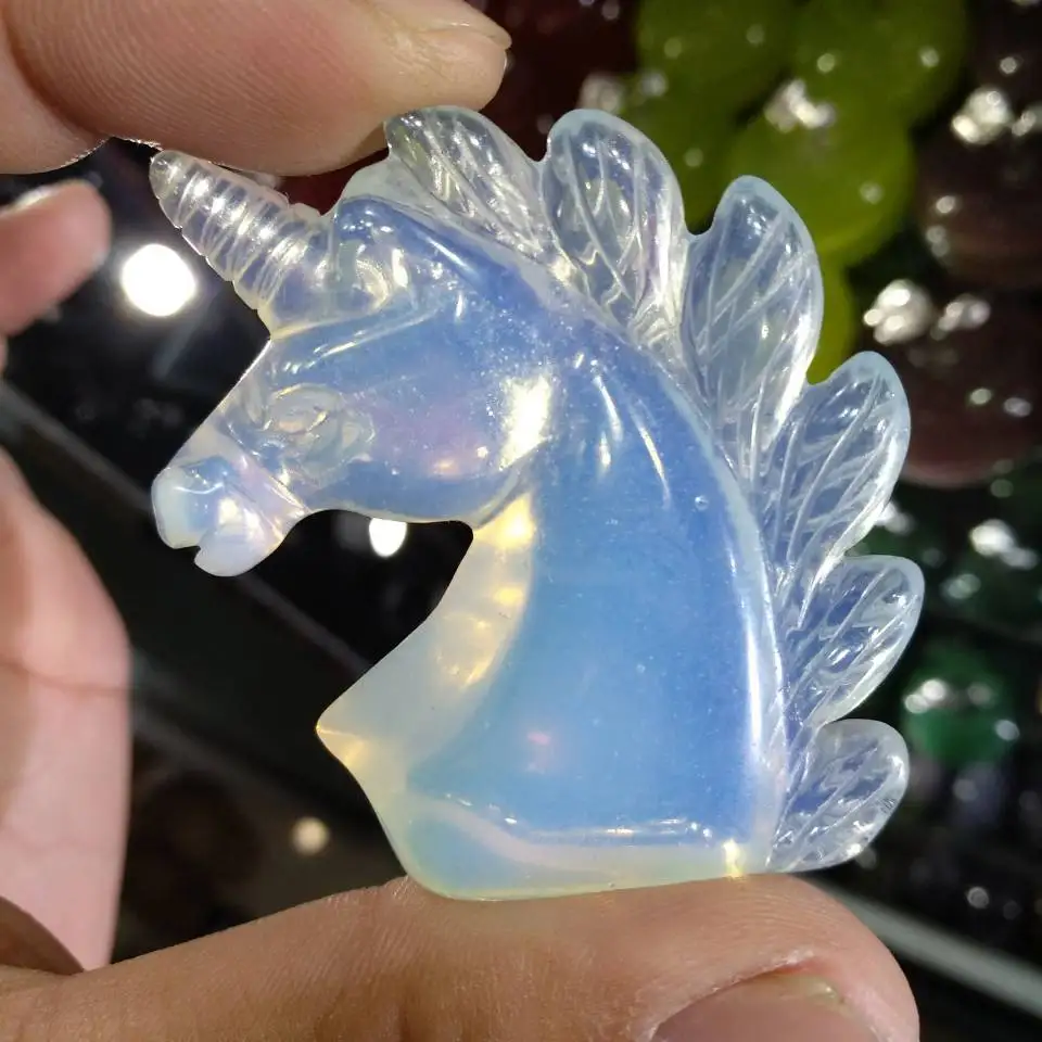

2'' Natural opal Crystal Unicorn Specimen Carving Horse Head Figurine 1PC