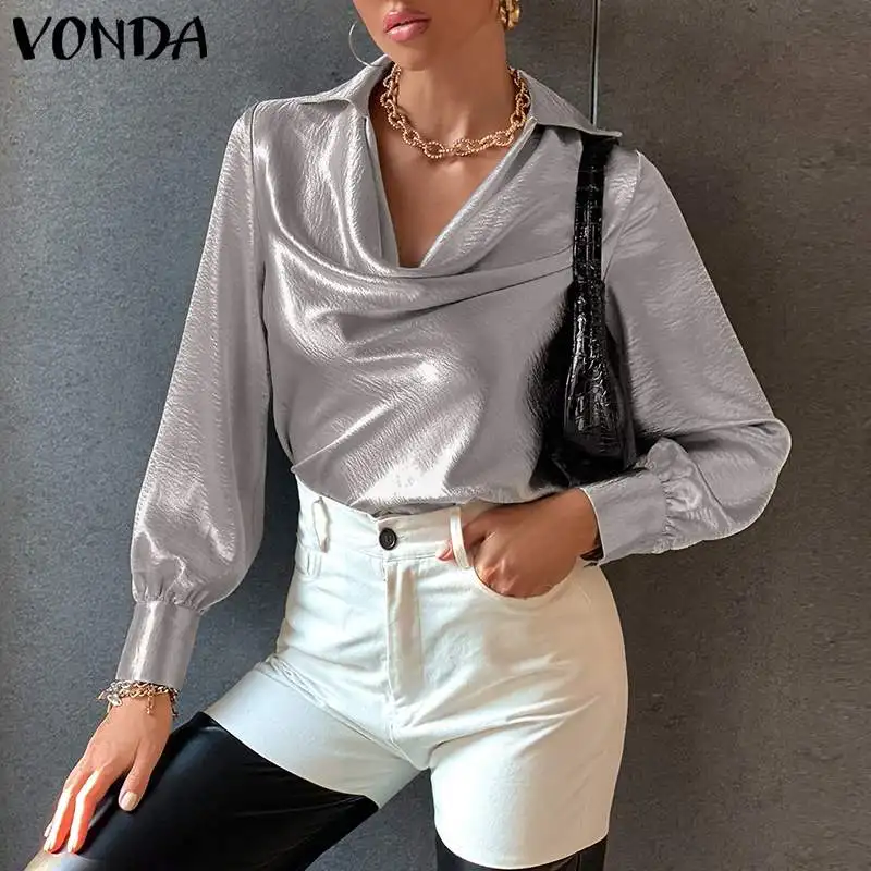 

Осенние атласные топы с длинным рукавом 2021 VONDA, Женская Сексуальная атласная блузка с V-образным вырезом, офисные женские блузки, женские блу...