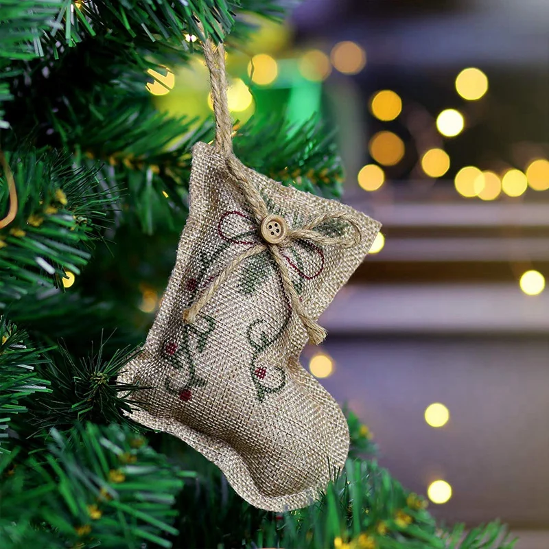 

Rustic Christmas Tree Ornaments Stocking Decorations Burlap Country Christmas Stocking Ball Tree Bell with Red and Green Holly L