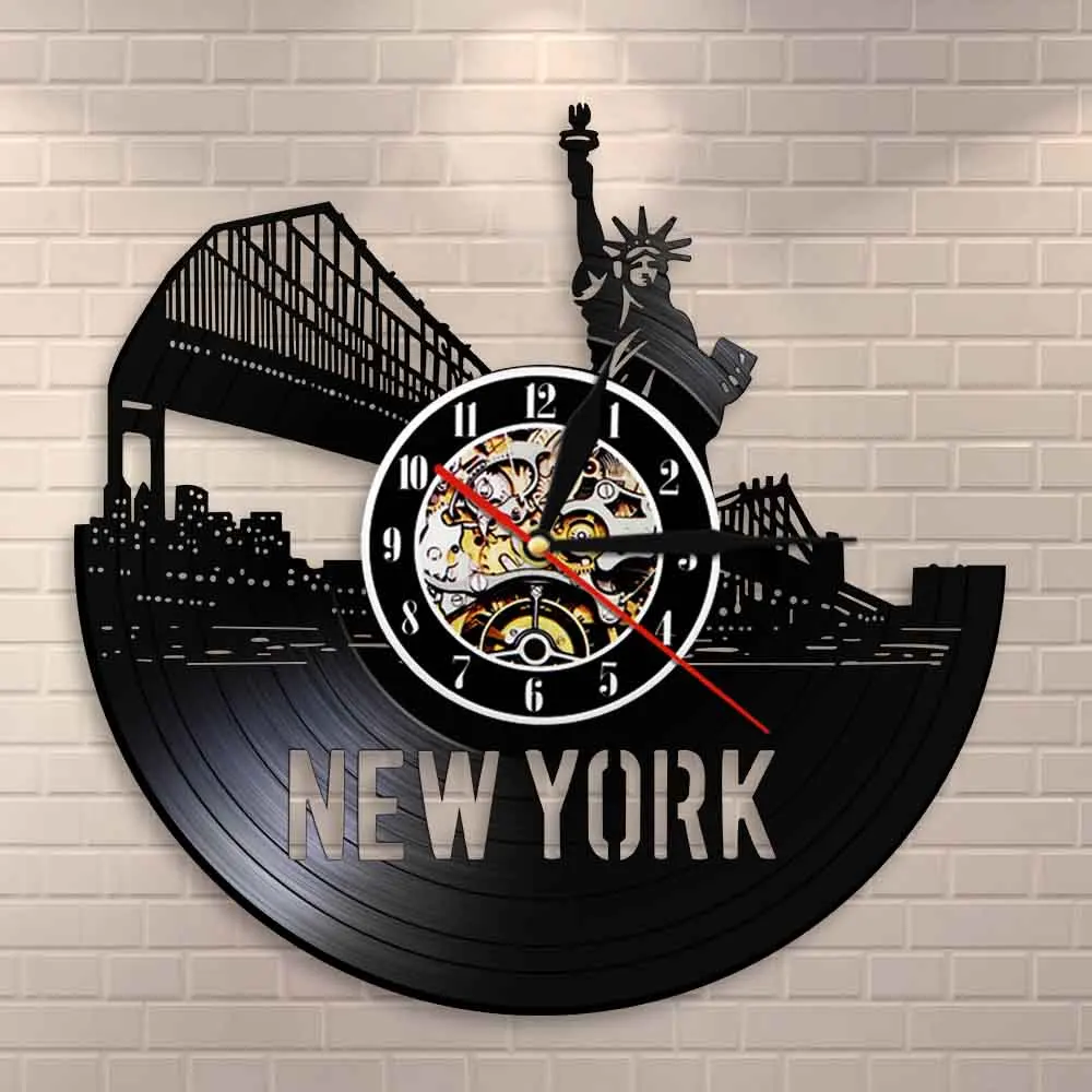 

USA Cityscape Wall Decor Vinyl Record Wall Clock New York Skyline Wall Cloc Brooklyn Bridge Manhattan NYC Modern Wal Decor Gift