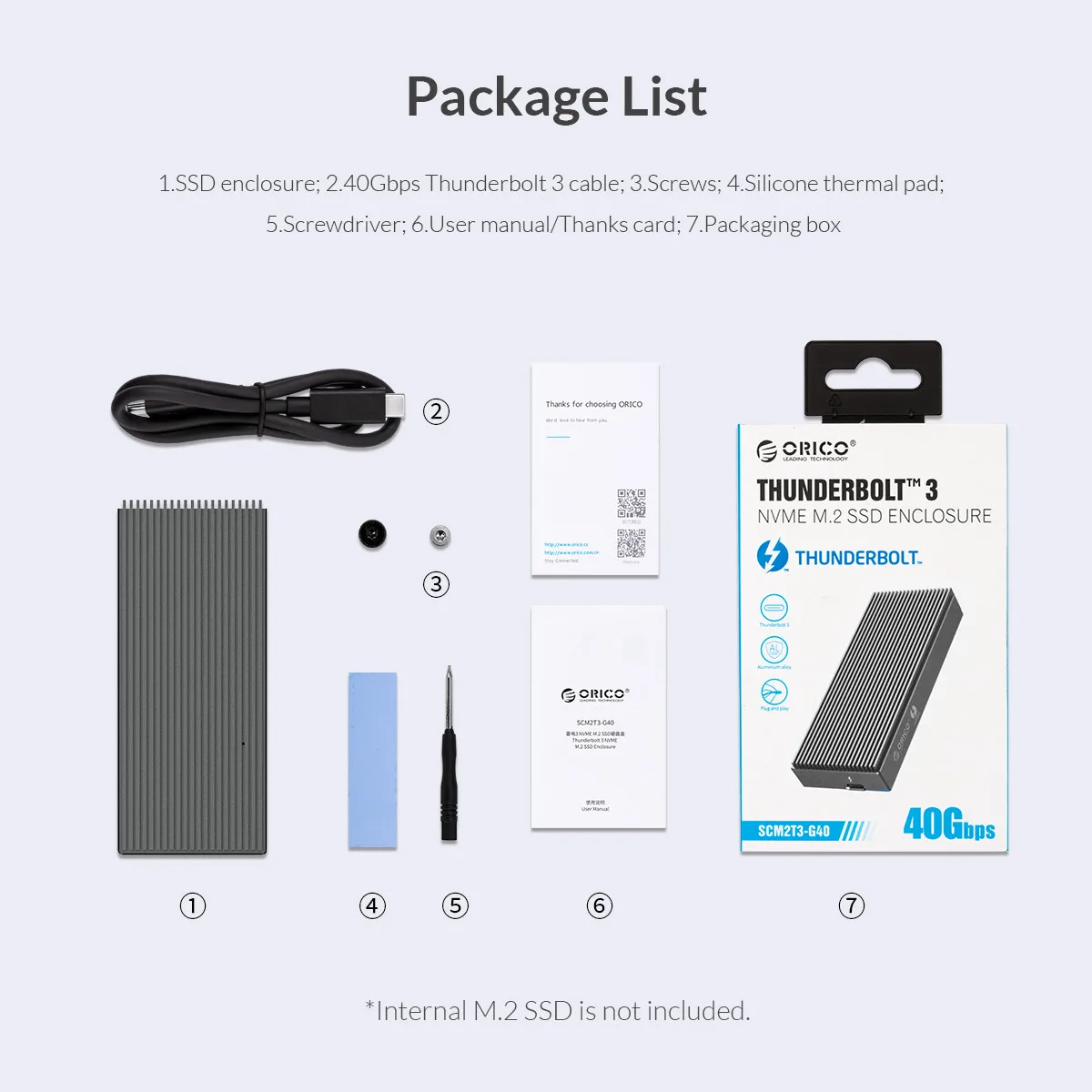 ORICO Thunderbolt 3 40 Гбит/с NVME M.2 SSD корпус 2 ТБ Алюминиевый USB C с 40 Гбит/с Thunderbolt 3 C до C кабель для настольного ноутбука