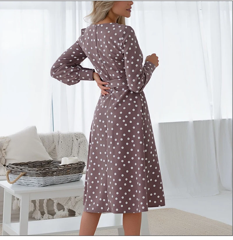 

Women Vintage O Neck Dress Casual Polka Dot Print A-Line Party Vestidos Spring Summer Fashion Long Sleeve Mid Dress