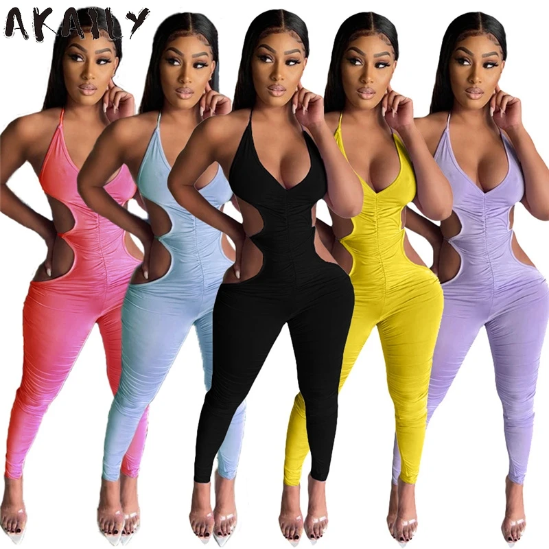 

Akaily Streetwear Black Bodycon Hollow Out Jumpsuit Women Summer Slim Sleeveless Halter Backless Bandage Female Jumpsuit 2021