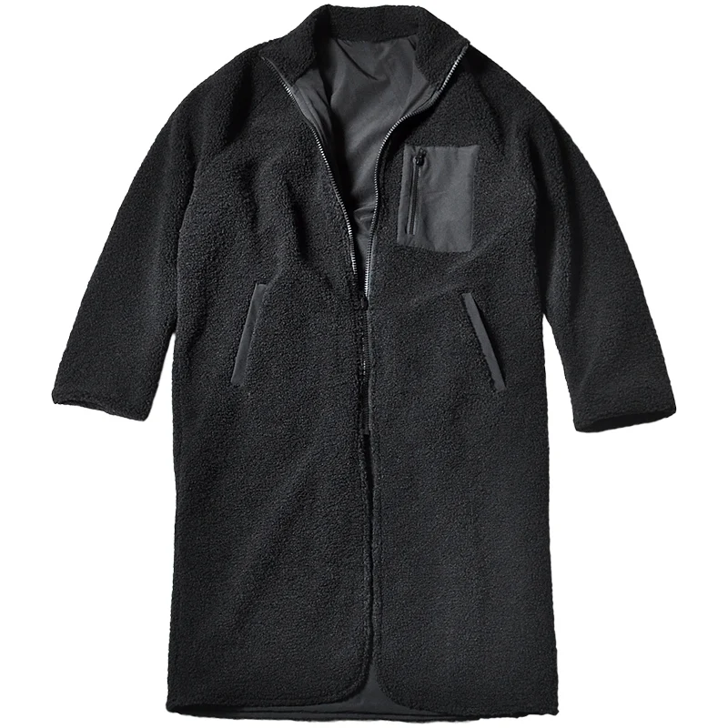 

Men winter wool reversible trench coat warm fleece long jacket man vintage hip hop punk overcoat abrigo hombre