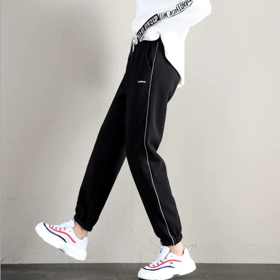 

Thick Fleece Harem Pants For Women Black Running Casual Side Lines Sweatpants Sports Pants Women Fitness Trousers Sportswear