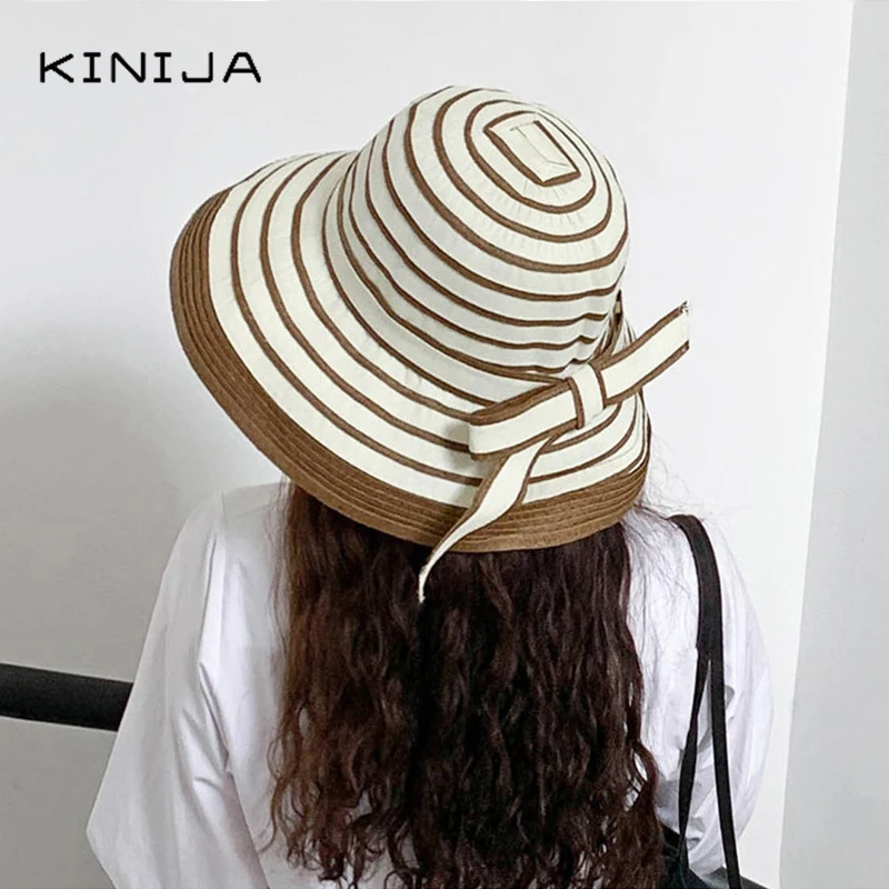 Женская пляжная шляпа Hepburn летняя Панама в полоску с бантом и большими полями