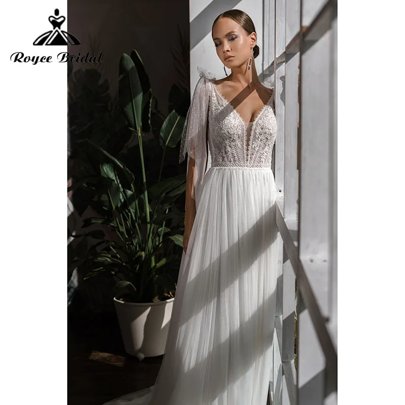 

vestido para boda playa A Line Beach V Neck Lace Backless Three Quarter Wedding Dresses vestido de novia sin espalda Roycebridal