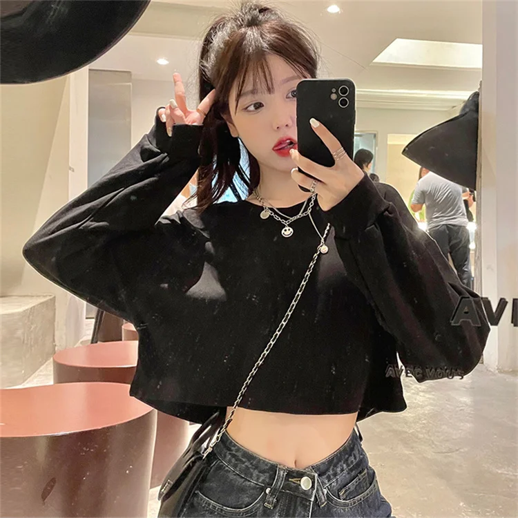 

Реальное фото осенней одежды, короткая футболка с длинным рукавом, Женская свободная футболка с высокой талией, роса