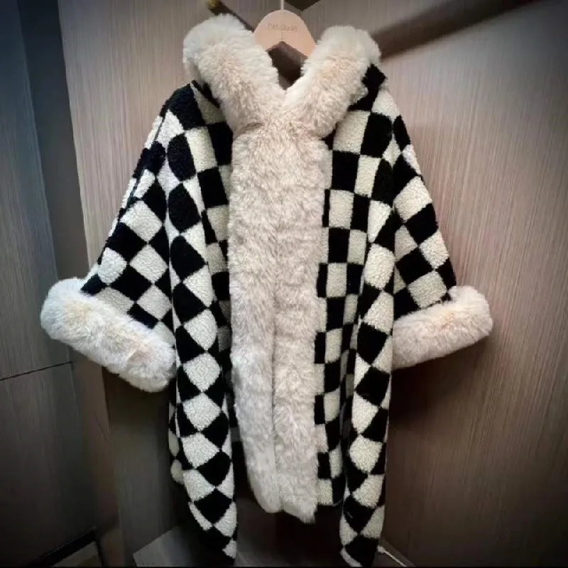 

Winter jacket women cloak coat retro checkerboard big faux fur collar Splicing lambswool oversized thick warm coat poncho women