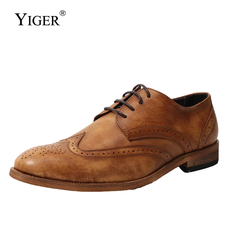 

YIGER Men's Dress shoes Man Business shoes Brogue Italian Genuine Leather carved Bullock Male Oxford shoes Brand Wedding shoes