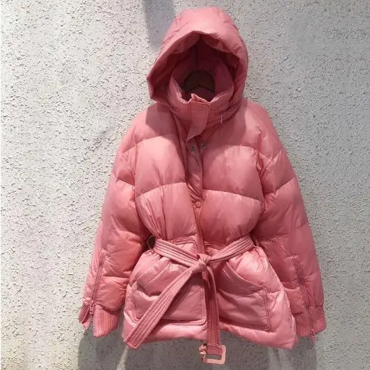 light pink Зимний ультра-светильник, женский пуховик, теплый белый пуховик с утиным пухом, парка с капюшоном, женская зимняя верхняя одежда с поясом, женский пуховик - Цвет: light pink