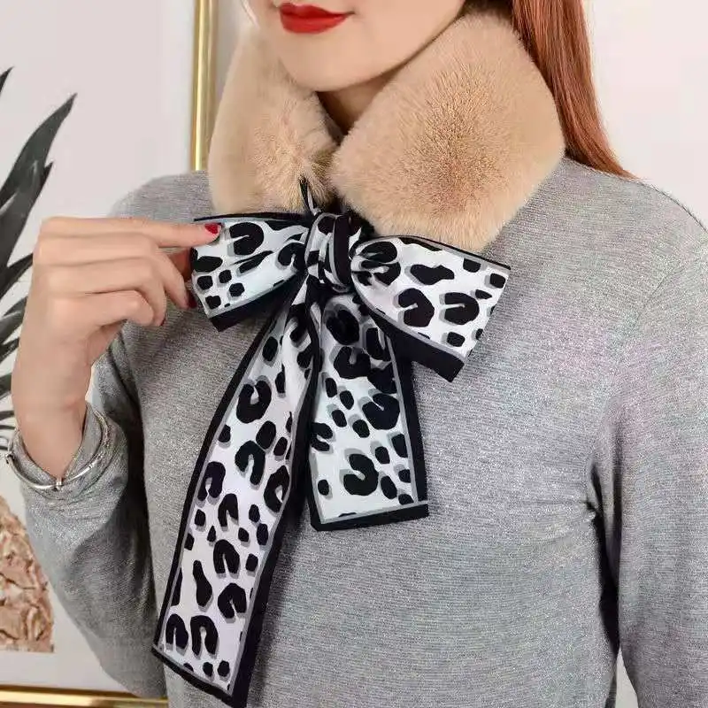

Женский зимний шарф с леопардовым принтом, теплый плюшевый воротник из искусственного меха кролика рекс