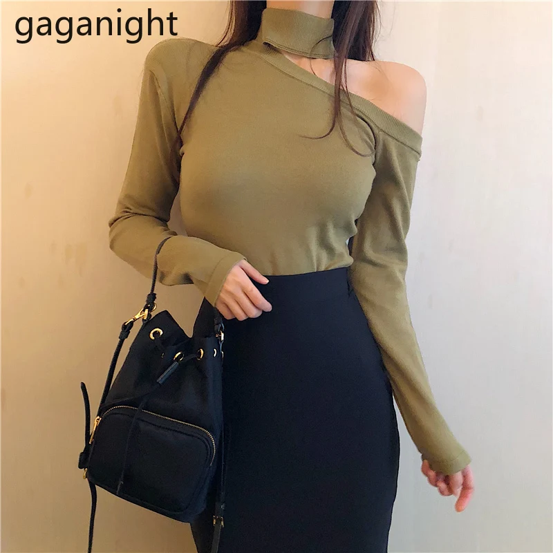 Gaganight Chic Women Sexy Sweater Solid Bottom Pullover Slim Off Shoulder Knitted Lady Korean Pull Femme Fashion Sweaters | Женская