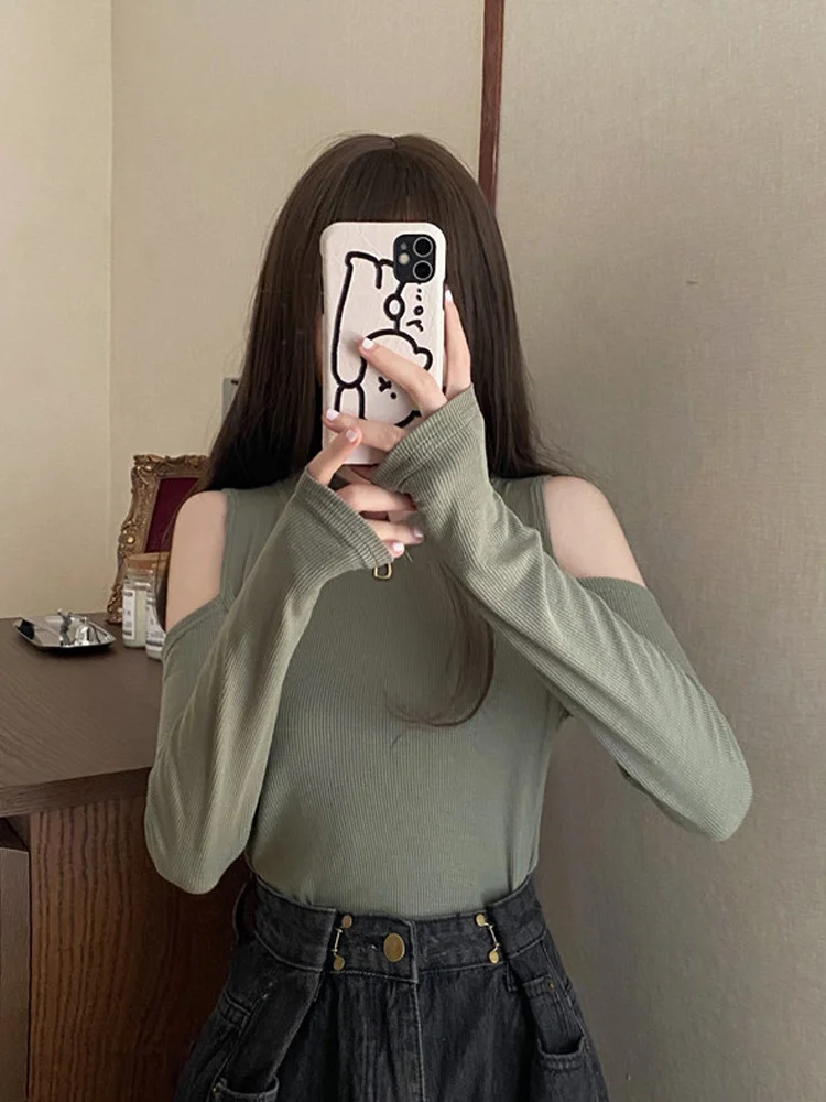 Черная женская футболка с открытыми плечами и длинным рукавом новинка 2021 осенняя