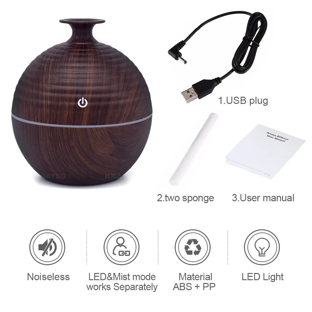 

USB Evaporative Humidifie 130ml Aroma Diffuser Essential Oil Diffuser Aromatherapy mist maker with LED Light Wood grain