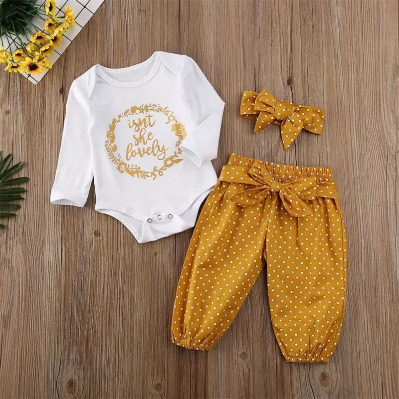 

Комплект из 3 предметов; Для маленьких девочек с длинными рукавами и комбинезон с буквенным принтом, топы в горошек и брюки с бантиком повязк...