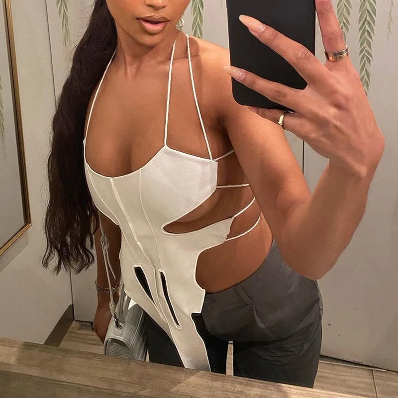 

Sexy Halter Cut Out Camisole Casual Backless Cleavage T-shirts Party Beach Clubwear Vest Spring Summer Colthes for Women 2021