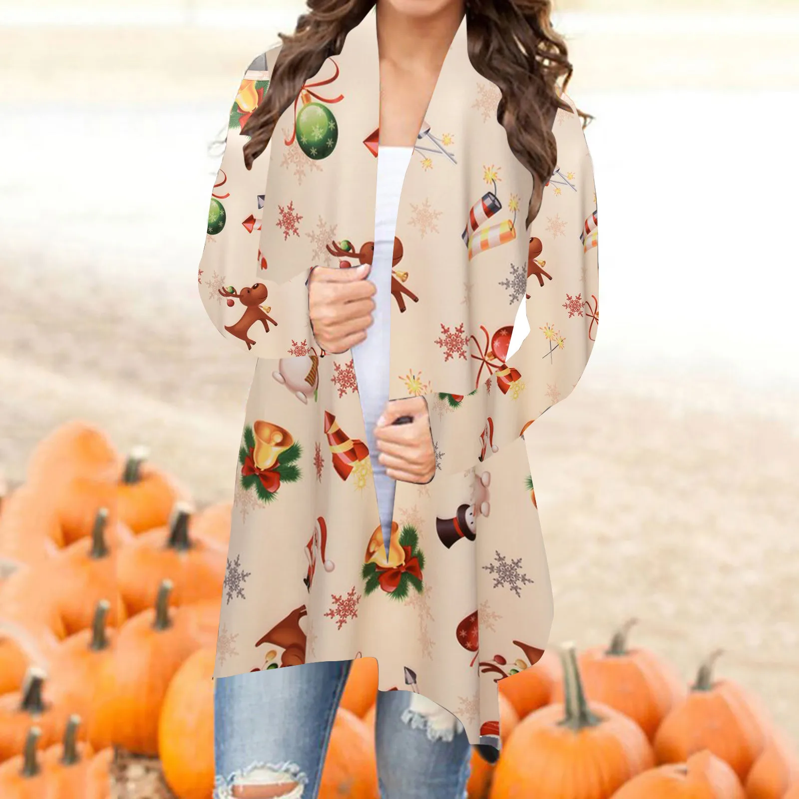 

Fashion Womens Coat Winter 2020 Christmas Snowman Open Front Long Sleeve Causal Loose Flowy Hem Femme Cardigan Coat Tops #40