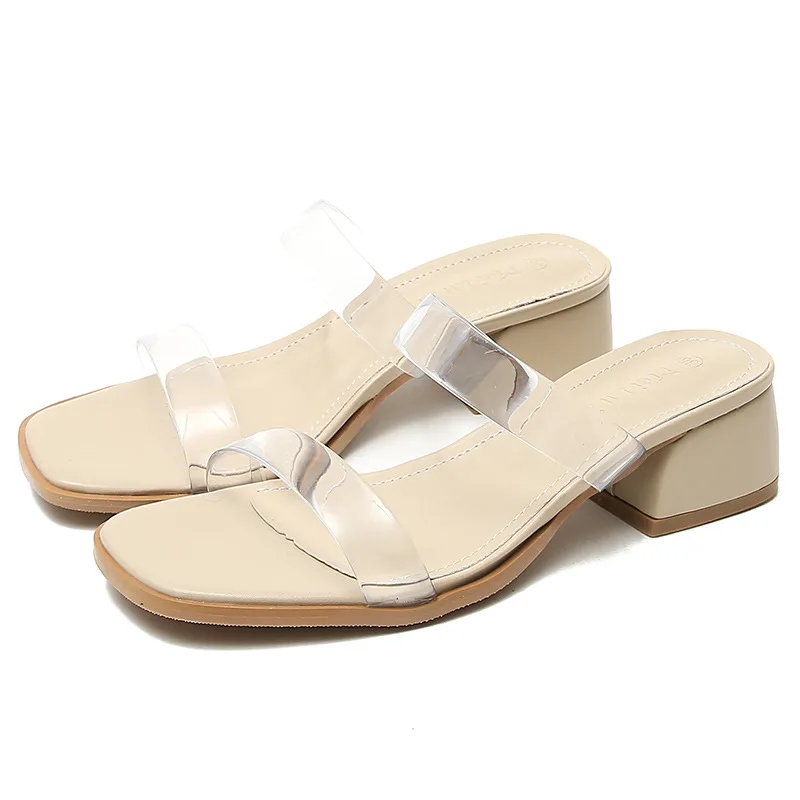 

Small size 35 transparent sandals women's shoes high heels 2020 new summer mid-heel thick heel sandals and slippers