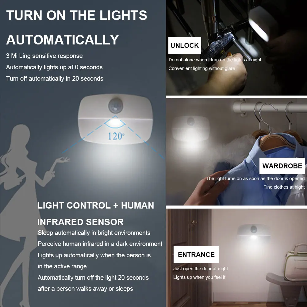 

2021 New LED Motion Sensor Light Battery Operated Wireless Wall Lamp Night Light No Glare Corridor Closet LED Cabinet Door Light