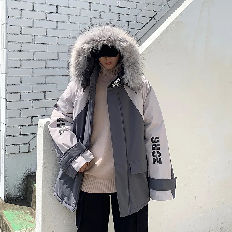 

Thickened Warmth Large Fur Collar Male Jacket Winter Men's Hooded Cotton-padded Jacket Trendy Brand Loose Big Size Tooling Coat