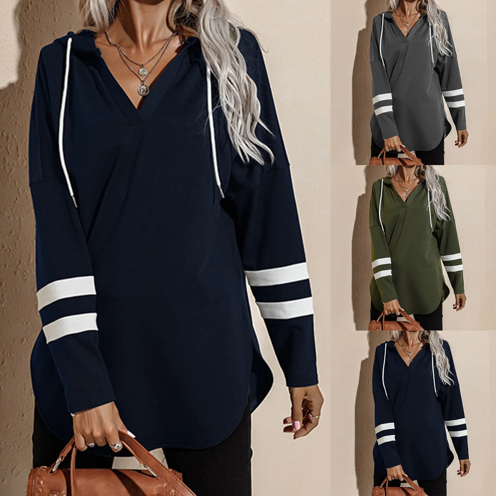 

Модная толстовка с капюшоном на завязках, одноцветная толстовка с длинными рукавами, Женская свободная толстовка, Женская Эстетическая ули...