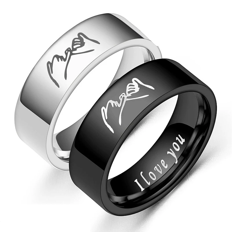 

YWSHK Letter I Love You Stainless Steel Ring Black Color Romantic Design Heart Wedding Couple Valentine Day Anniversary Gift