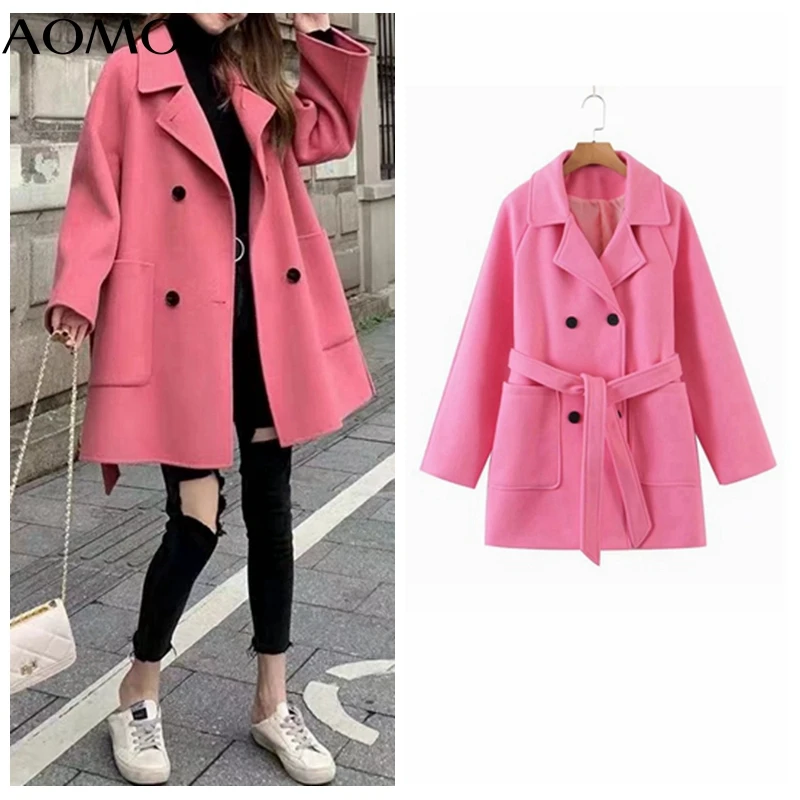 

Женское шерстяное пальто AOMO, розовое пальто с длинными рукавами и карманами, свободного покроя, на осень/зиму, 2Z35A, 2021