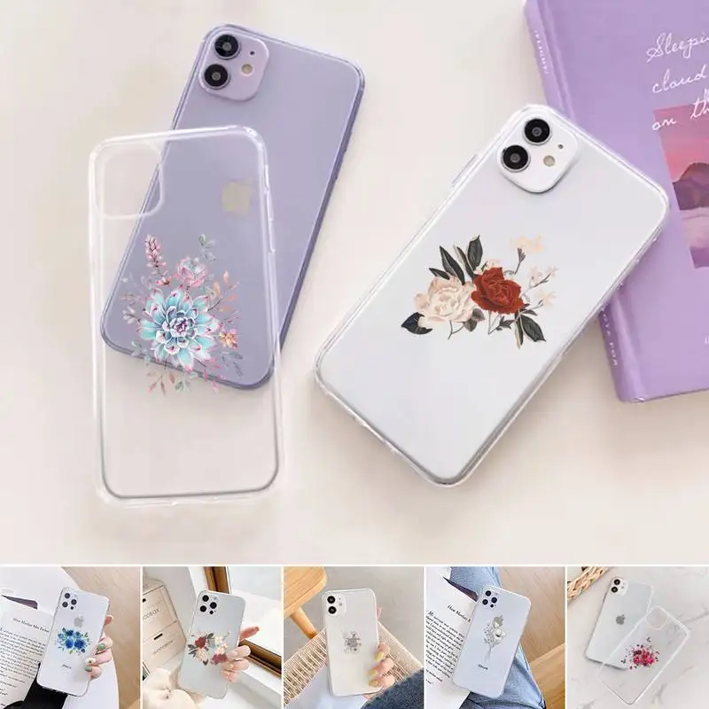 

Flower Aesthetic art Phone Case Transparent for iPhone 11 12 6 7 8 Pro X XS Max XR Plus Silicone Soft TPU Clear mobile bags
