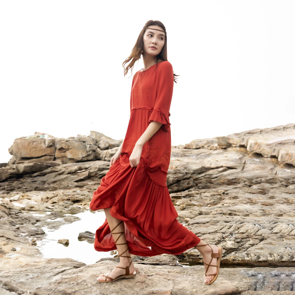 Boho, красное, белое, с вышивкой, макси платье, для женщин, осень, лето, с оборками, элегантные платья,, для девушек, одноцветное, хиппи, Пляжное, длинное платье
