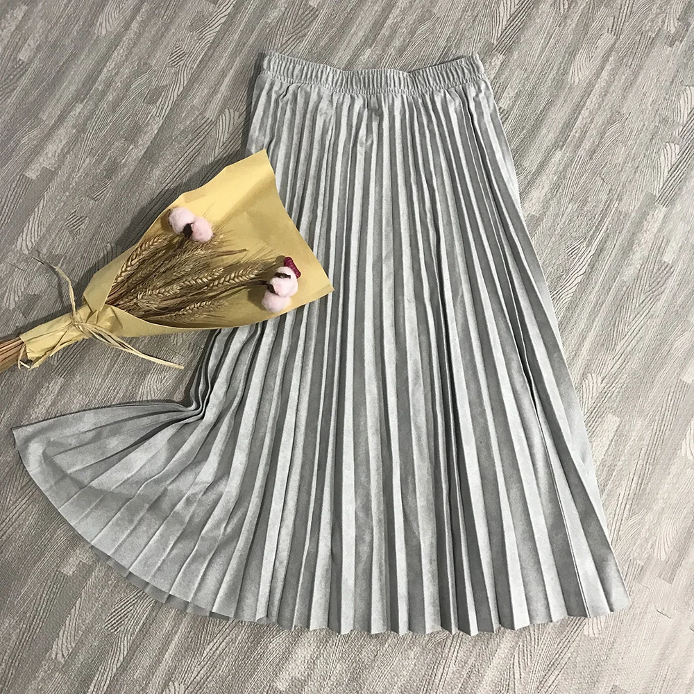 

2020 Two Layer Spring Women Suede Skirt Long Pleated Skirts Top Brand Womens Saias Midi Faldas Vintage Women Midi Skirt