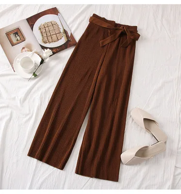 Coffee TCJULY Лето корейский стиль однотонные плиссированные широкие брюки с бантом и поясом дизайн уличная одежда дышащие свободные повседневные женские брюки - Цвет: Coffee