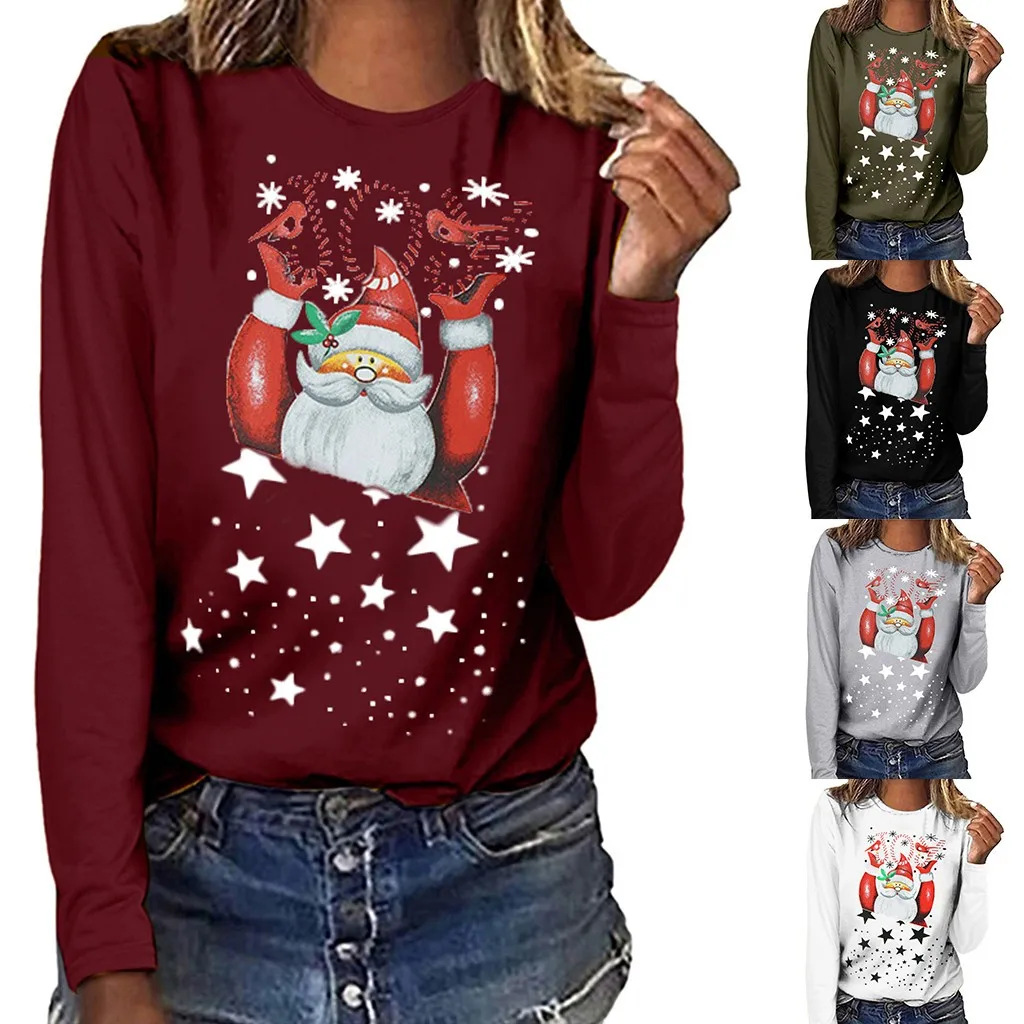 

MERRY CHRISTMAS Women Casual Long Sleeve O-neck Sweatshirt Pullover Blouse Christmas Santa Claus Print All-match Girls T-shirt
