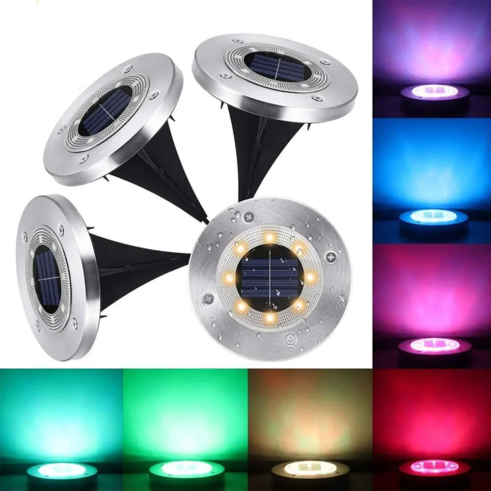 

Solar Powered Disk Lights Solar Ground Lights with 8 LED Garden Pathway Outdoor In-Ground Lights Color Changing Landscape