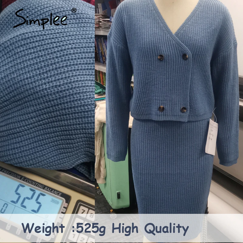 

Simplee Sexy v-neck women knitted skirt suits Autumn winter batwing sleeve 2 pieces Elegant party female sweater blue dress 2020