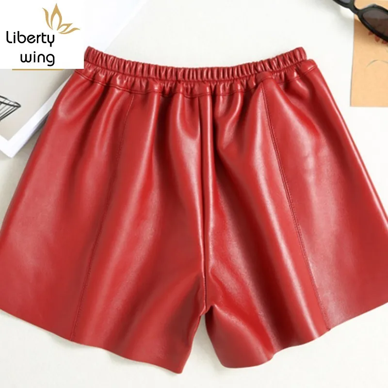 Autumn Winter Red Woman Leather Quality Loose Korean Wide Leg Elastic High Waist Sheepskin Shorts Women Large Size