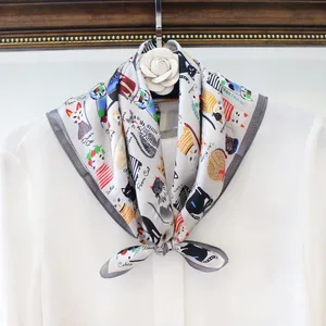 Шарф из натурального шелка с принтом мультяшного кота, 53 см