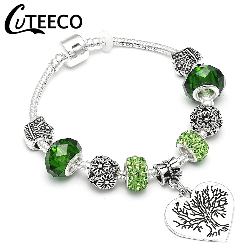 CUTEECO посеребренный Дерево жизни браслет с подвесками Новые Хрустальные Бусины Подходят брендовый браслет и браслет для женщин ювелирные изделия - Окраска металла: 14