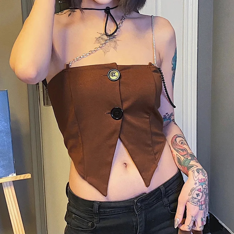 

Sexy Backless Crop Tops Irregular One Shoulder Chain Sleeveless Cami Top Split Harajuku Casual Camisole Women Clothing 2021 New