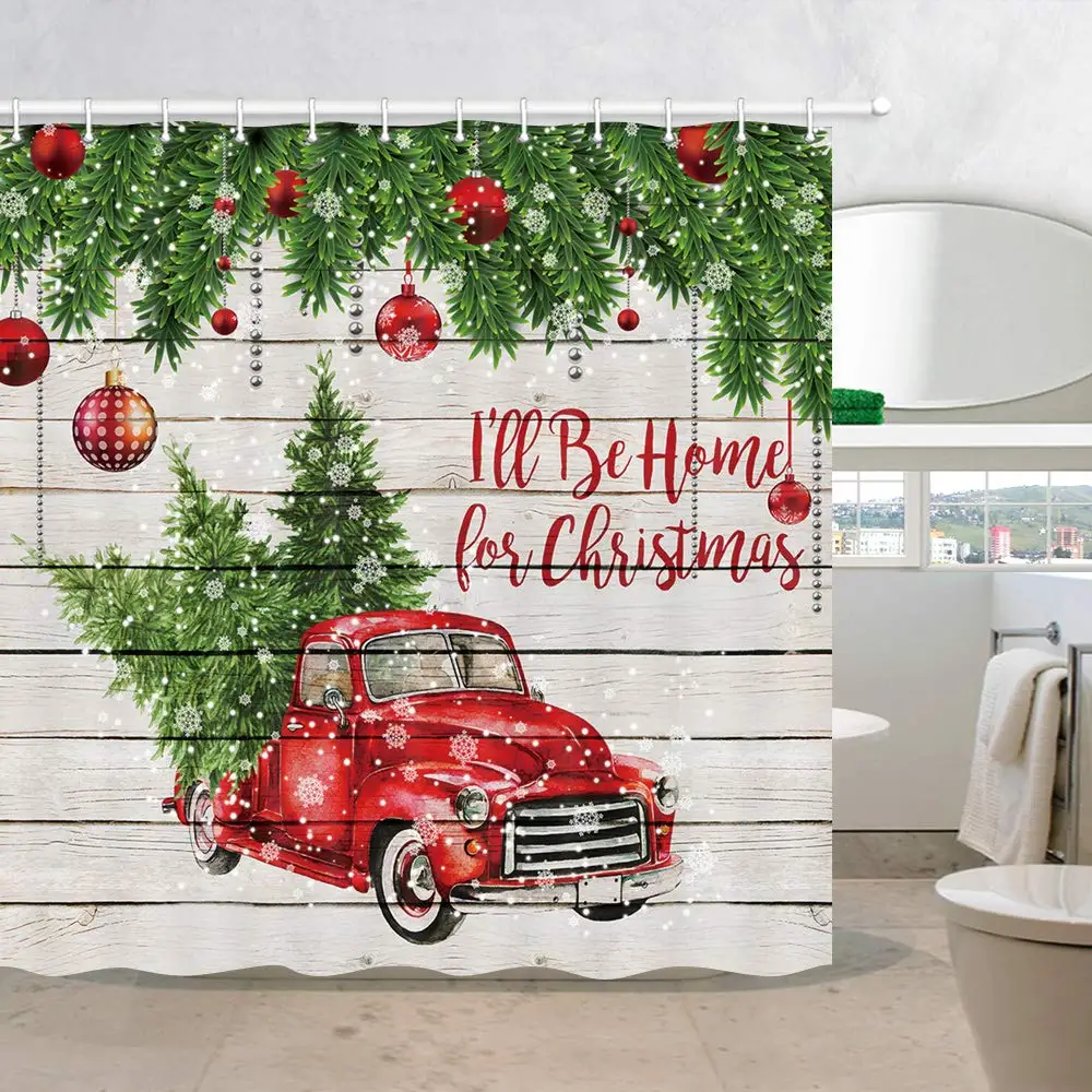 

Colorful Christmas Balls with Pine Fir Tree Polyester Fabric Red Retro Truck Car with Snowflake Curtain