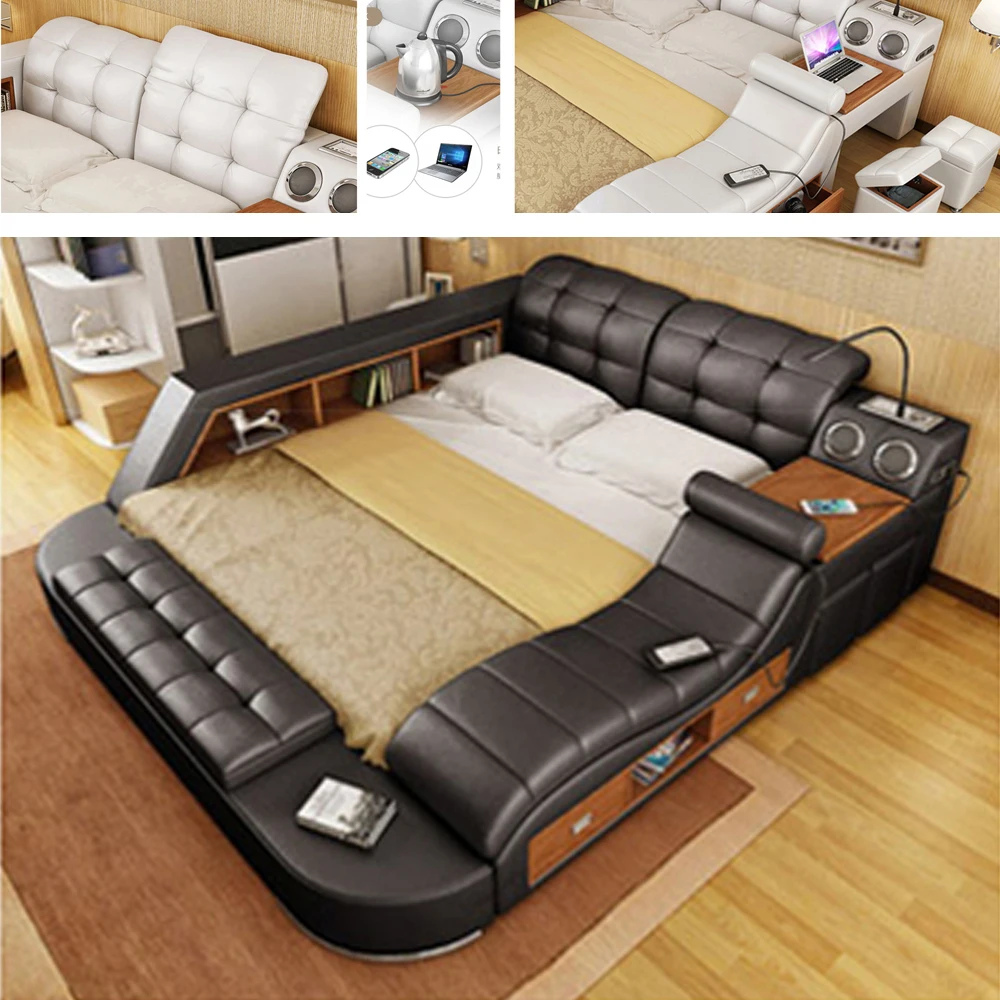 

Genuine Leather multifunctional massage bed frame Nordic camas ultimate bed LED light Bluetooth speaker safe
