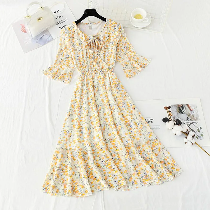 

Женское шифоновое платье с коротким рукавом, повседневное винтажное платье-миди с цветочным принтом, а-силуэт, лето 2021