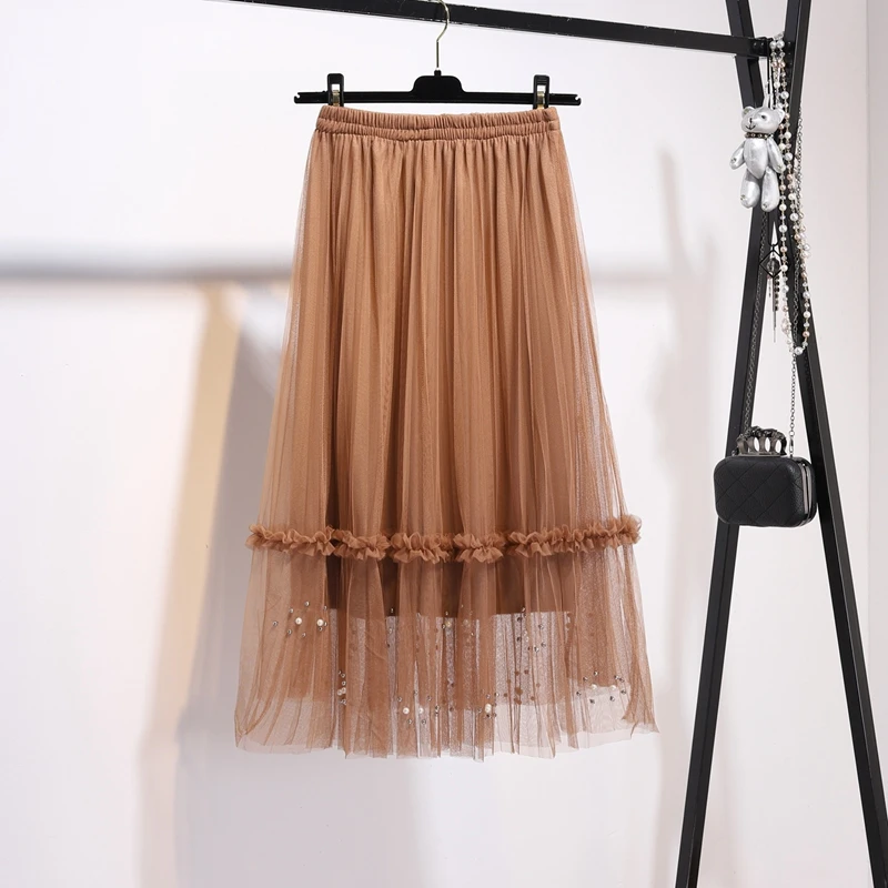 Женская винтажная юбка с высокой талией длинная Плиссированная фатиновая
