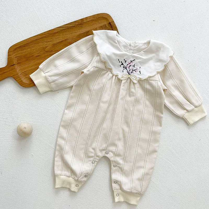 

Комбинезон с длинным рукавом и цветочной вышивкой для маленьких мальчиков и девочек, демисезонная одежда для маленьких девочек