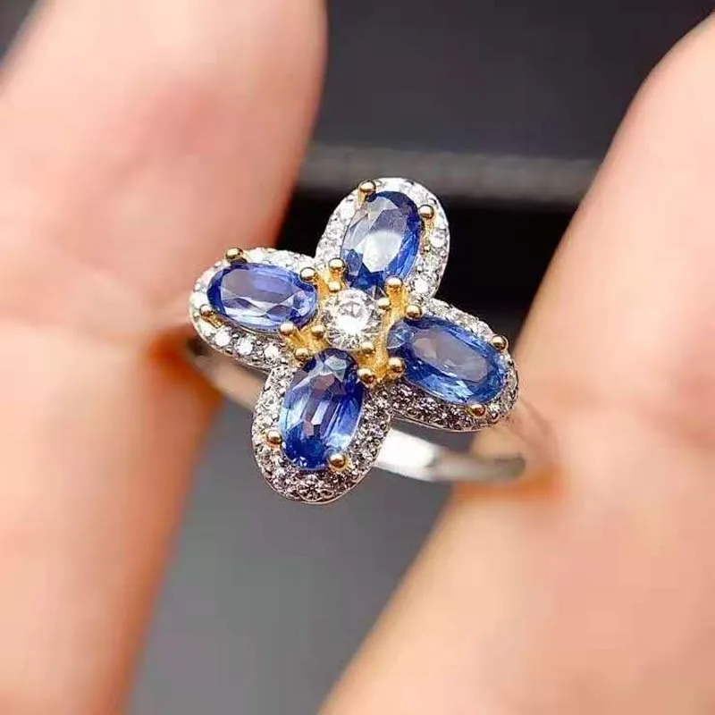 

Natural Sapphire S925 Sterling Silver Lucky Clover Ring Fine Fashion Wedding Jewelry for Women Free Shipping MeibaPJFS