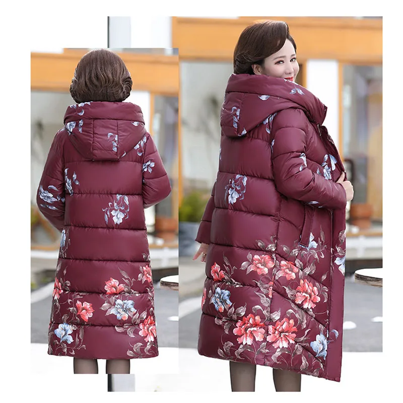 2021 New Winter Fashion Long Middle-aged elderly thick cotton clothing Women Loose Warm Jackets Ladies Printed Hooded Overcoats
